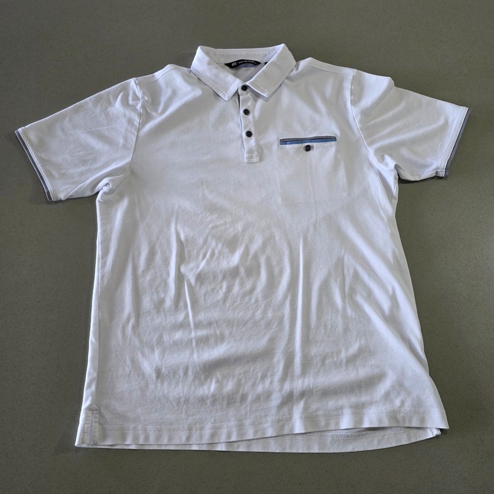 TravisMathew Mens White Short Sleeve Golf Polo Shirt Large Button Pocket